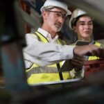 Manufacturing,Industrial,Concept.,Senior,Male,Engineer,Worker,Checking,,Repair,And two workers discussing how to extend conveyor belt lifespan