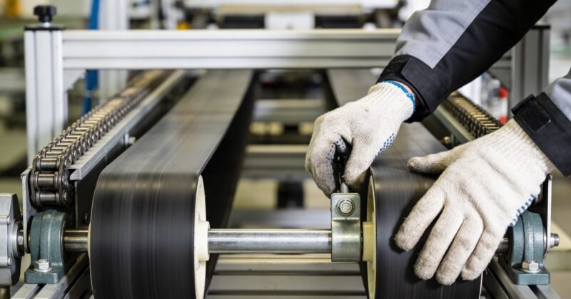 Closeup of technician's hands as they adjust conveyor belt tension