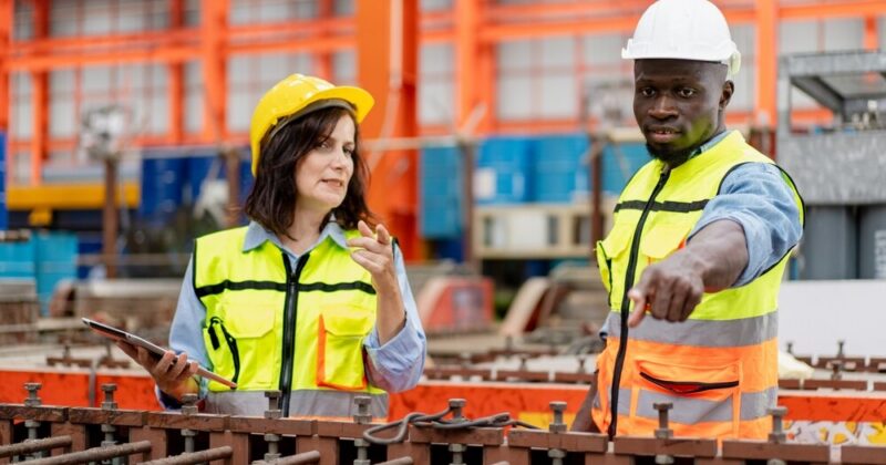 female supervisor advises technician foreman to inspect spare part equipment of production machine conveyor belt, team of diverse workers working together at industrial manufacturing factory