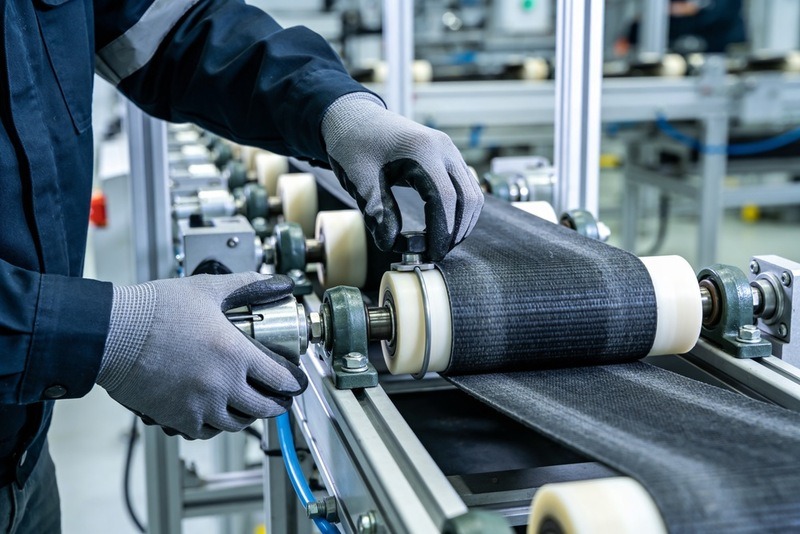 A close-up shot of a technician's hands wearing grey work gloves as they meticulously adjust a component on a modern industrial conveyor belt system