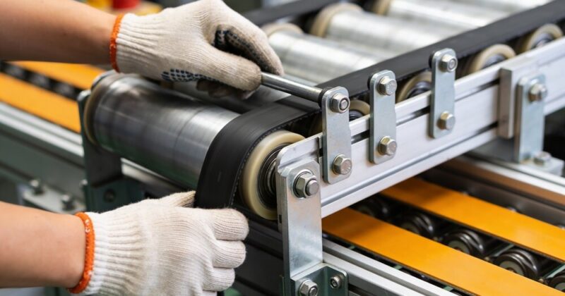 A close-up view of a person's hands wearing protective gloves, carefully adjusting the black rubber belt of a mechanical conveyor line within a manufacturing facility